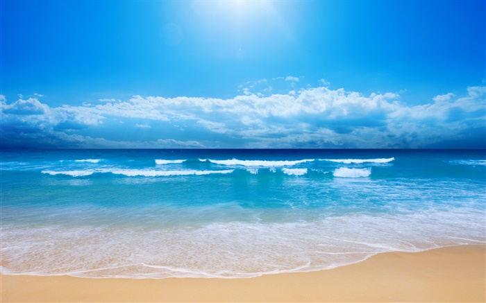 Hermosa playa, el mar, las olas, azul, cielo, nubes Fondos de pantalla, imagen