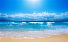 Hermosa playa, el mar, las olas, azul, cielo, nubes HD fondos de pantalla