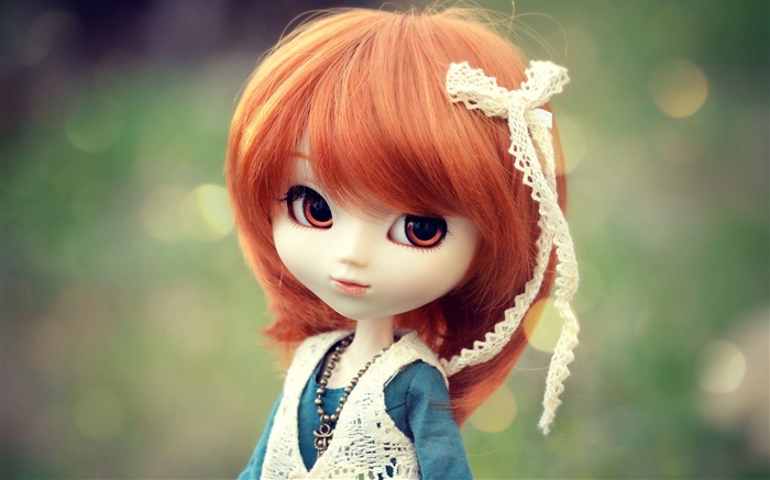 Hermosa niña juguete pelo rojo, muñeca Fondos de pantalla, imagen