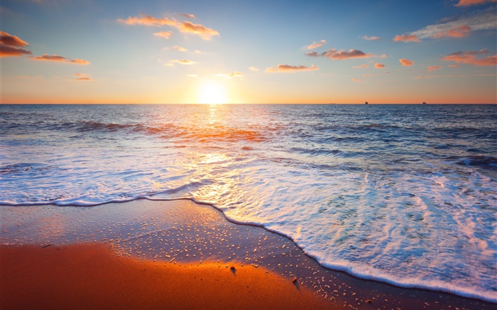 Hermosa puesta de sol, mar, costa, cielo, nubes, arena Fondos de pantalla, imagen