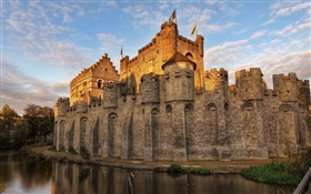 Bélgica, castillo, foso, cielo, crepúsculo HD fondos de pantalla