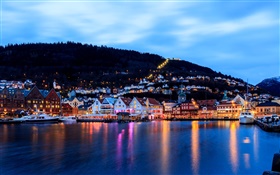 Bergen, Noruega, la ciudad, la noche, las casas, mar, barco, luces