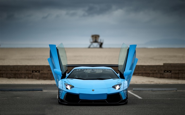 Azul Lamborghini Aventador supercar vista delantera, alas Fondos de pantalla, imagen