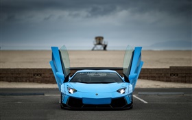 Azul Lamborghini Aventador supercar vista delantera, alas