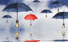 Sombrillas azules y rojos, la lluvia, el agua reflexión, imágenes creativas HD fondos de pantalla