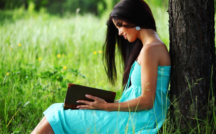 Azul vestido de la muchacha leyendo un libro Fondos de pantalla, imagen
