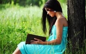 Azul vestido de la muchacha leyendo un libro