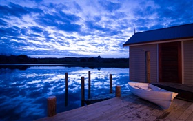 Boathouse, ríos, nubes, oscuridad, Nueva Zelanda HD fondos de pantalla