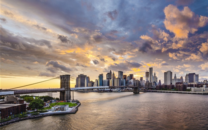 Puente de Brooklyn, Nueva York, Manhattan, EE.UU., rascacielos, atardecer Fondos de pantalla, imagen