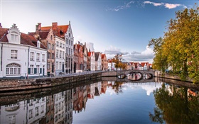 Bruselas, Bélgica, casas, río, puente, árboles, otoño HD fondos de pantalla