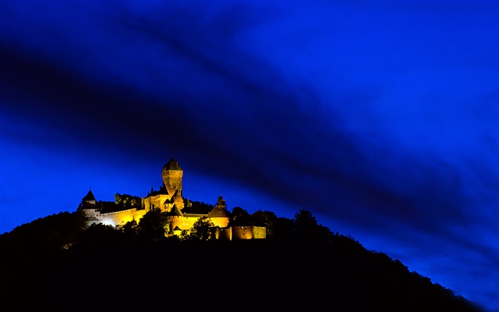 Edificio, luces, noche, montaña, Alsacia, Francia Fondos de pantalla, imagen