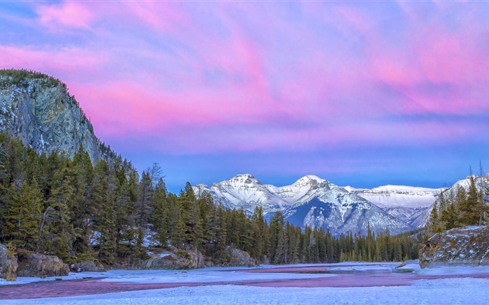 Canadá, Parque Nacional, río, montañas, árboles, nubes, invierno Fondos de pantalla, imagen