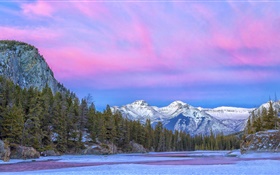 Canadá, Parque Nacional, río, montañas, árboles, nubes, invierno