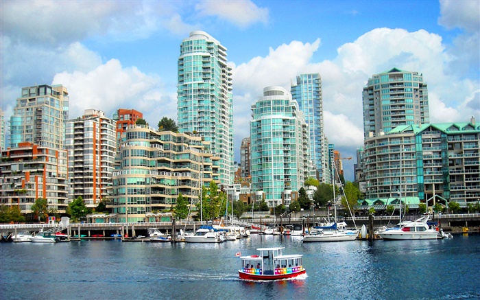 Canadá, ciudad, edificios, casas, río, barcos Fondos de pantalla, imagen
