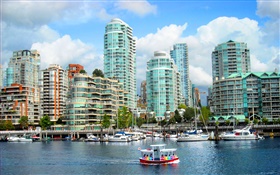 Canadá, ciudad, edificios, casas, río, barcos HD fondos de pantalla