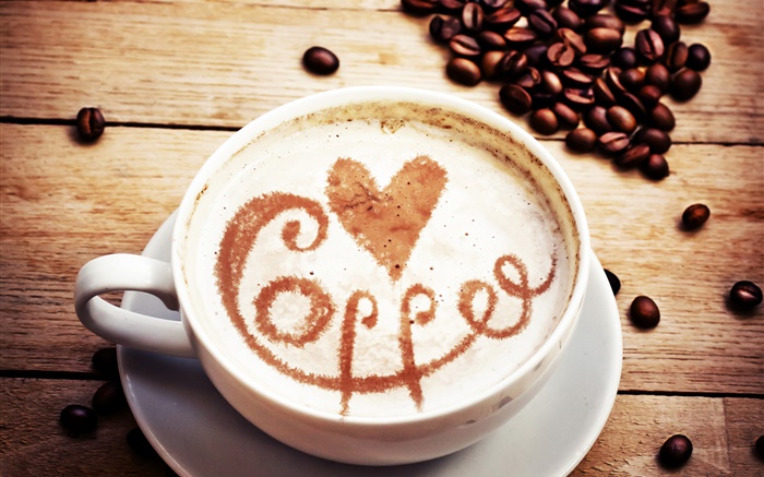 Café Cappuccino, corazones del amor, los granos de café Fondos de pantalla, imagen