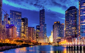 Chicago, Illinois, EE.UU., rascacielos, río, luces, noche