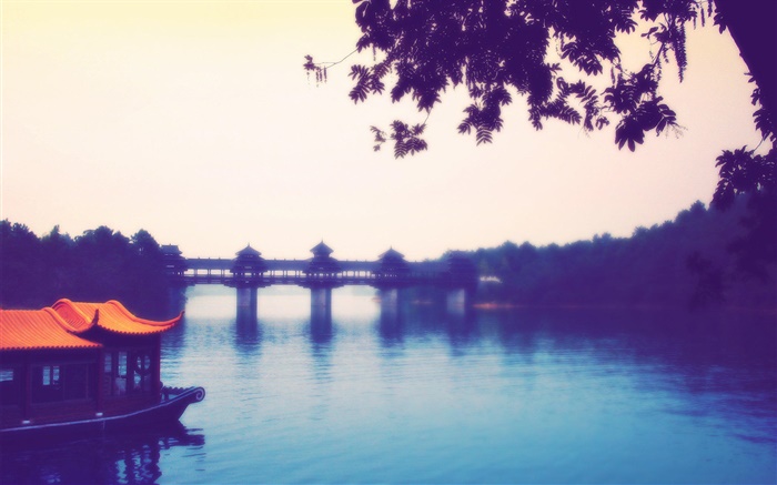 De China, ciudad, río, puente, árboles Fondos de pantalla, imagen