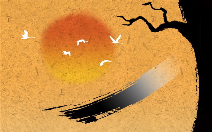 Arte de la tinta china, pájaros, árbol, puesta del sol Fondos de pantalla, imagen