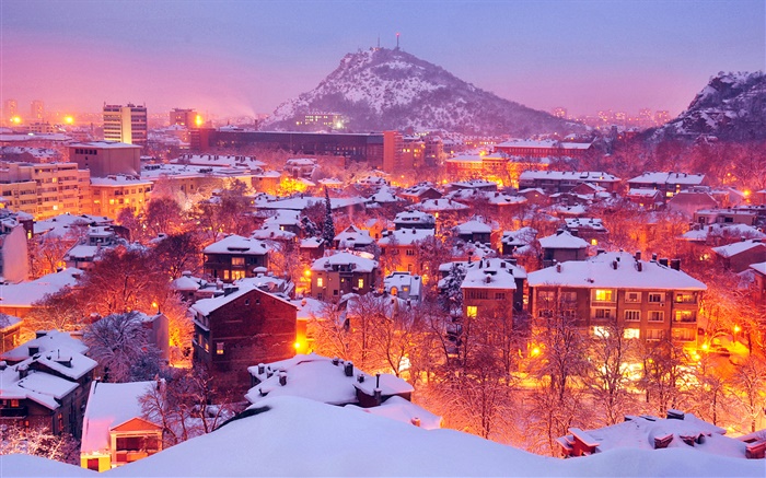 Ciudad, luces, invierno, noche, nieve, Plovdiv, Bulgaria Fondos de pantalla, imagen