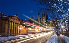 Ciudad, noche, camino, luces, Edimburgo, Escocia, Reino Unido