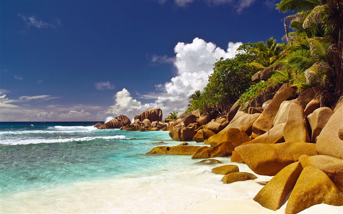 Costa, playa, piedras, mar, nubes, Seychelles Island Fondos de pantalla, imagen