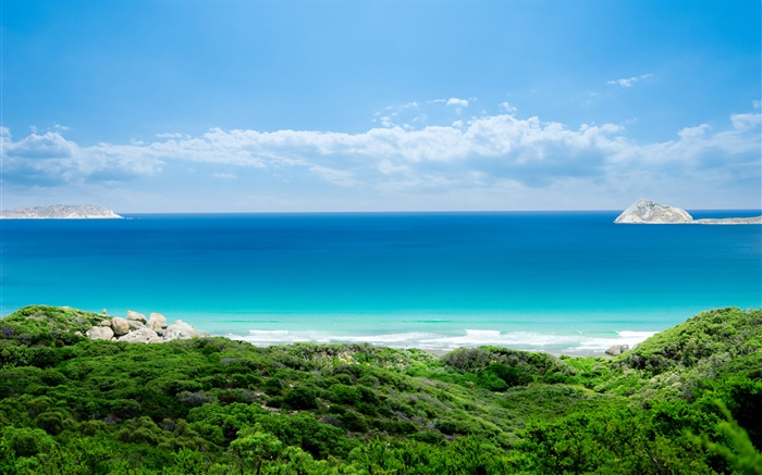 Costa, hierba, mar, isla, cielo azul, nubes Fondos de pantalla, imagen