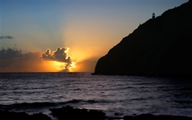 Costa, mar, acantilado, nubes, sol, puesta del sol HD fondos de pantalla