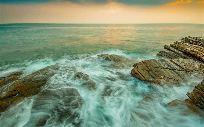 Costa, mar, piedras, corriente, atardecer Fondos de pantalla, imagen