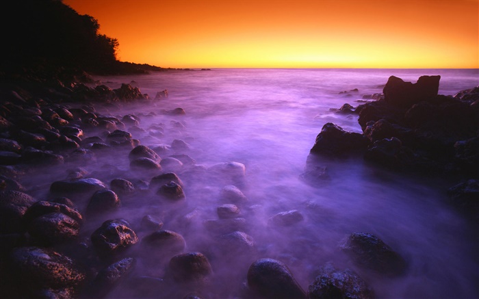 Costa, mar, piedras, la salida del sol, cielo rojo Fondos de pantalla, imagen