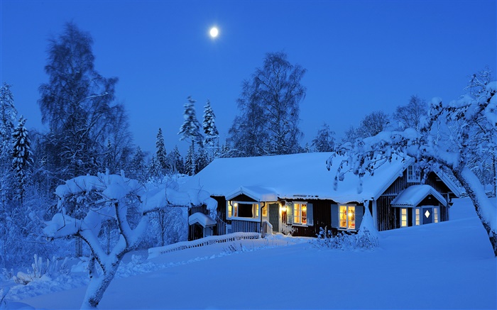 Casa de campo, noche, invierno, nieve, luna, Dalarna, Suecia Fondos de pantalla, imagen