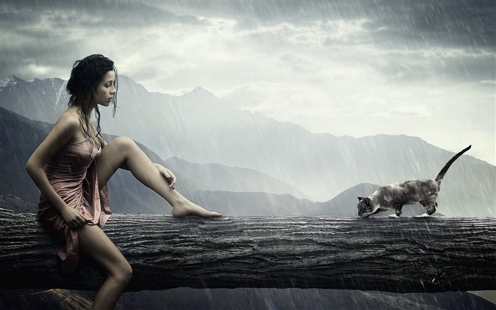 Imágenes creativas, chica en la lluvia, gato en busca de algo Fondos de pantalla, imagen