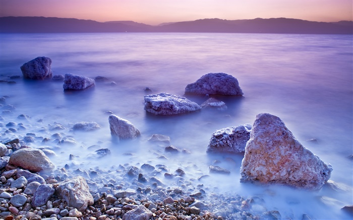 Mar Muerto, la salida del sol, la sal, piedras Fondos de pantalla, imagen