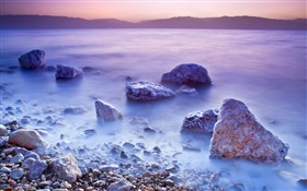 Mar Muerto, la salida del sol, la sal, piedras HD fondos de pantalla