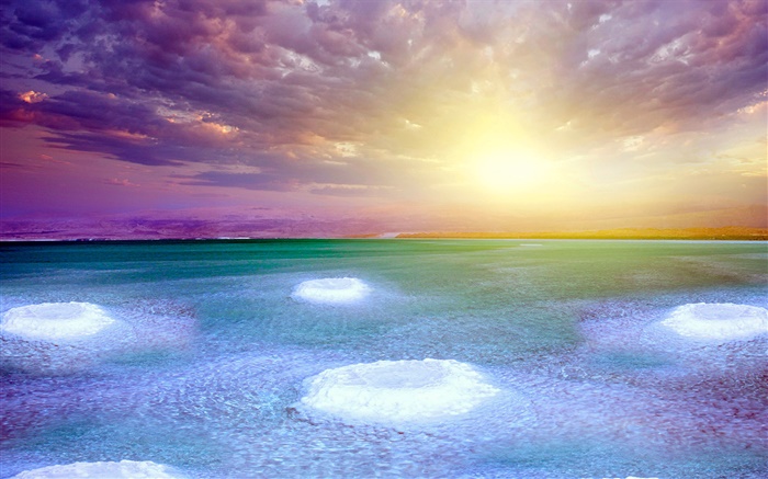 Dead mar, puesta del sol, la sal, las nubes Fondos de pantalla, imagen