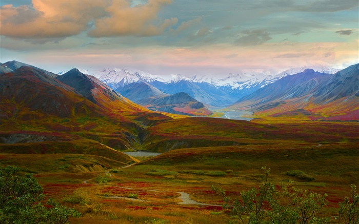 Parque Nacional Denali, Alaska, EE.UU., hermoso paisaje, colinas, río Fondos de pantalla, imagen