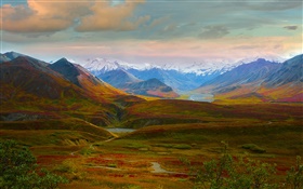 Parque Nacional Denali, Alaska, EE.UU., hermoso paisaje, colinas, río HD fondos de pantalla