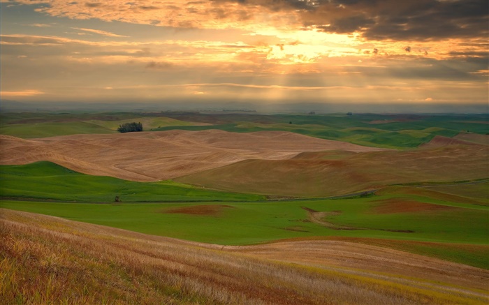 tierras de cultivo, colinas, nubes, puesta del sol Fondos de pantalla, imagen
