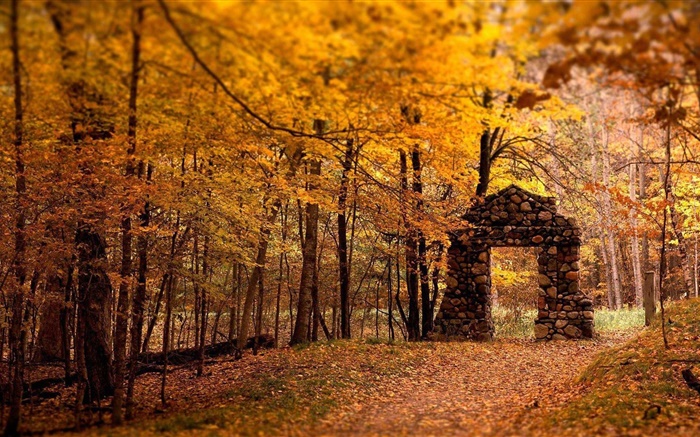 Bosque, árboles, otoño, estilo rojo, puerta de piedra Fondos de pantalla, imagen