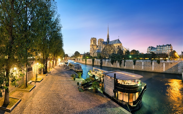 Francia, Notre Dame, el río, los barcos, la noche, las luces Fondos de pantalla, imagen