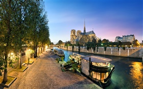 Francia, Notre Dame, el río, los barcos, la noche, las luces HD fondos de pantalla