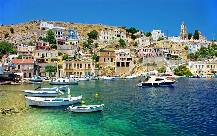 Grecia, pisos, costa, mar, barcos Fondos de pantalla, imagen