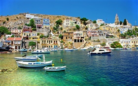 Grecia, pisos, costa, mar, barcos HD fondos de pantalla