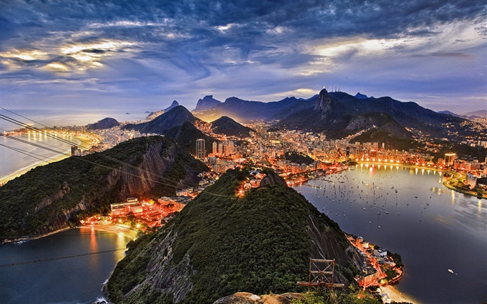 Bahía de Guanabara, ciudad, costa, noche, luces, Río de Janeiro, Brasil Fondos de pantalla, imagen