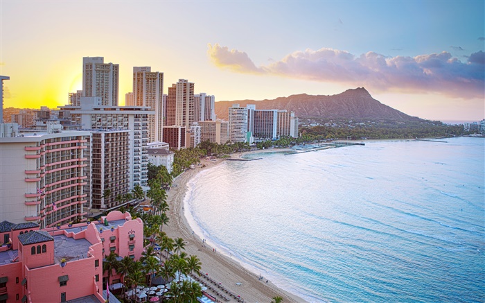 Honolulu, Waikiki Beach, Diamond Head Crater, edificios, la salida del sol Fondos de pantalla, imagen