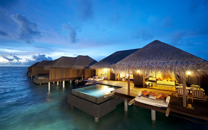 Hotel, Maldivas, Océano Índico, la noche, las luces Fondos de pantalla, imagen