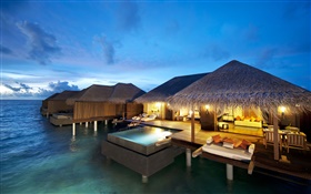 Hotel, Maldivas, Océano Índico, la noche, las luces HD fondos de pantalla