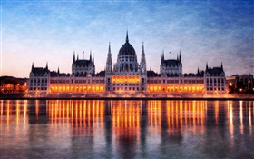 Hungría, Budapest, el edificio del Parlamento, noche, luces, río Danubio, la reflexión