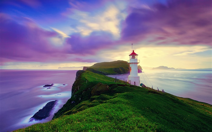 Islandia, Islas Feroe, faro, costa, oscuridad, cielo púrpura Fondos de pantalla, imagen