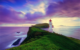 Islandia, Islas Feroe, faro, costa, oscuridad, cielo púrpura HD fondos de pantalla